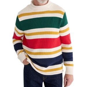 J. CREW Roll Neck Sweater Mens L Stripe Red Green Navy Cotton Chunky Fisherman